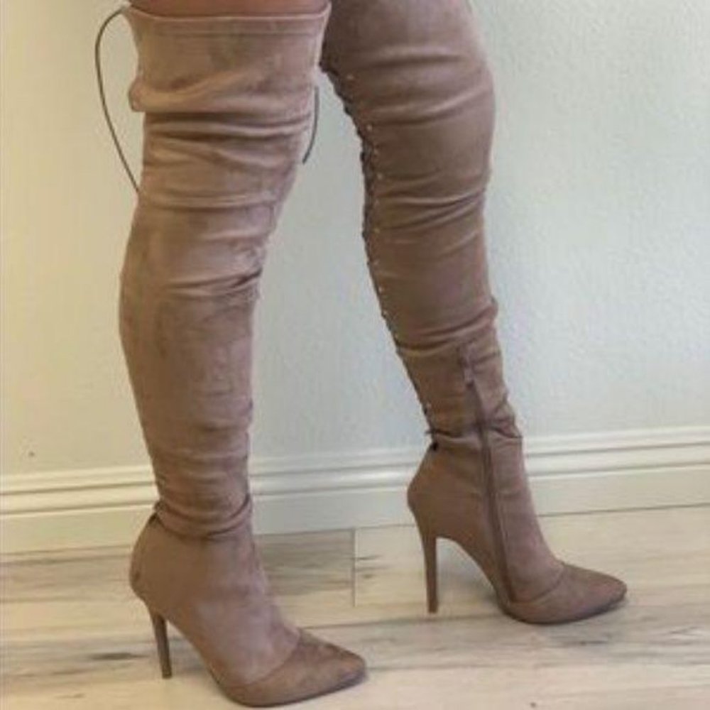 NEW !! Stretchy Over the Knee Lace Up Boots in Red - Picture 8 of 10